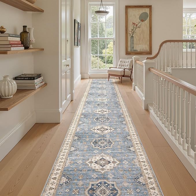Washable 3x20 Runner Rug - Area Rugs Neutral Vintage Distressed Floral Farmhouse Boho Large Soft Floor Rug Indoor Carpet for Hallway Entryway Home - Blue-Ruum Studio Home