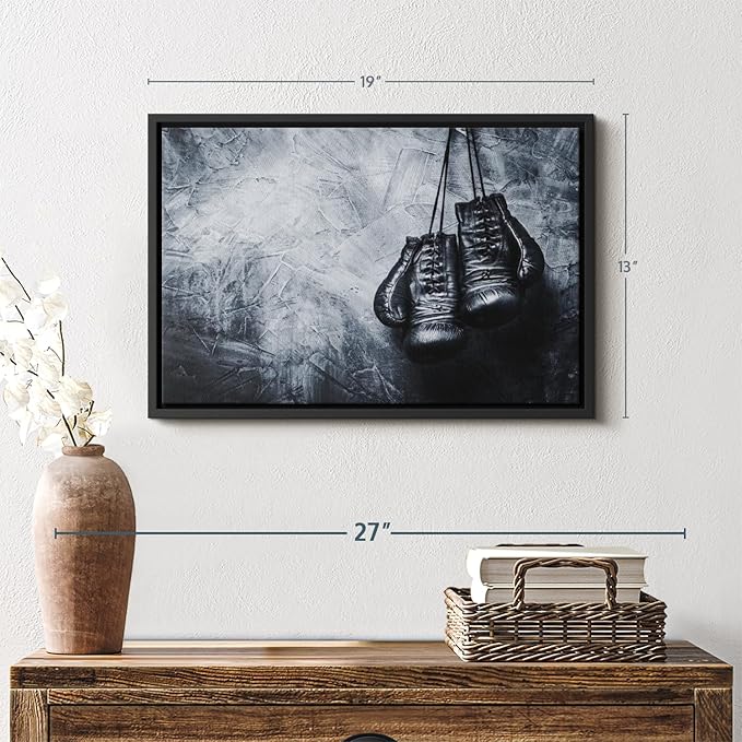 ElephantStock Boxing Gloves Wall Art - Horizontal Framed Canvas - 1-Piece Living Room Wall Decor - Photography Sports Canvas Print - Black and Gray Decor for Wall - 19" X 13"-Ruum Studio Home