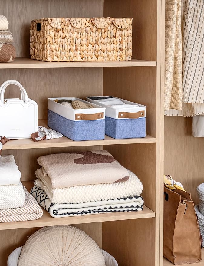 StorageWorks Narrow Storage Bins, Small Basket for Closet and Shelves, Fabric Organizer with Handles, Toilet Paper Storage, Blue and White, 2-Pack-Ruum Studio Home