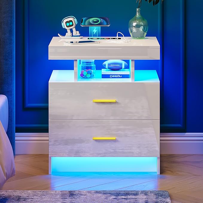 Night Stand with Light, High Gloss Nightstand with USB/Wireless Charging Station, LED White Nightstands with Storage Drawers, RGB Side End Table for Bedroom Furniture（White-Ruum Studio Home