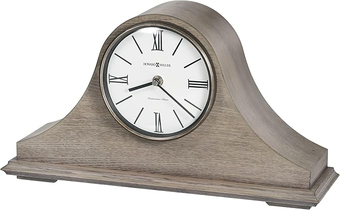 Howard Miller Lakeside Mantel Clock, Triangular Burl Overlays Gray Finish Sturdy Wooden Material, Vintage Analog Dial Roman Numerals with Black Bar Style Idle Timepiece for Office & Home Decor-Ruum Studio Home