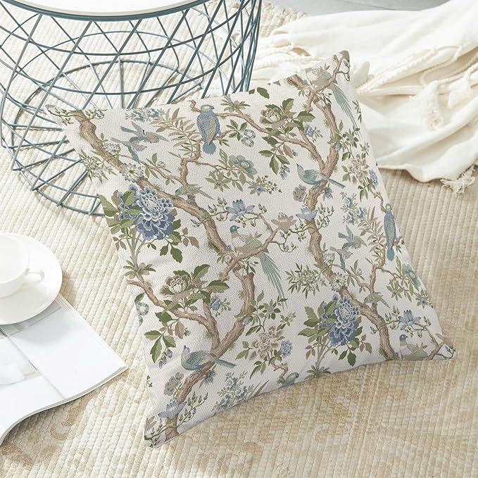 CXMEIFLY Chinoiserie Spring Pillow Covers 18 x 18 Inch Set of 2 for Blue Sage Green Vintage Flowers Bird Decor Throw Pillows Plant Farmhouse Outdoor Decorative Cushion Cases for Couch Bed Decorations-Ruum Studio Home