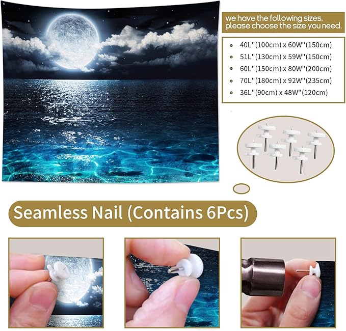 LB Night Sky Ocean Tapestry Full Moon on Sea Tapestry Wall Hanging Fantasy White Cloud Watercolor Wall Art for Bedroom Living Room Dorm Wall Decor, 59Wx51H inches-Ruum Studio Home