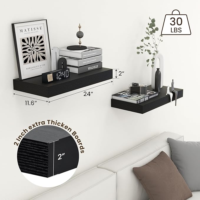 Deep Floating Shelves for Wall, 24W x 12D Black Floating Shelves Set of 2, 12'' Deep Large Wood Shelves for Living Room Bathroom Laundry Room Bedroom Kitchen Home Office - Black-Ruum Studio Home