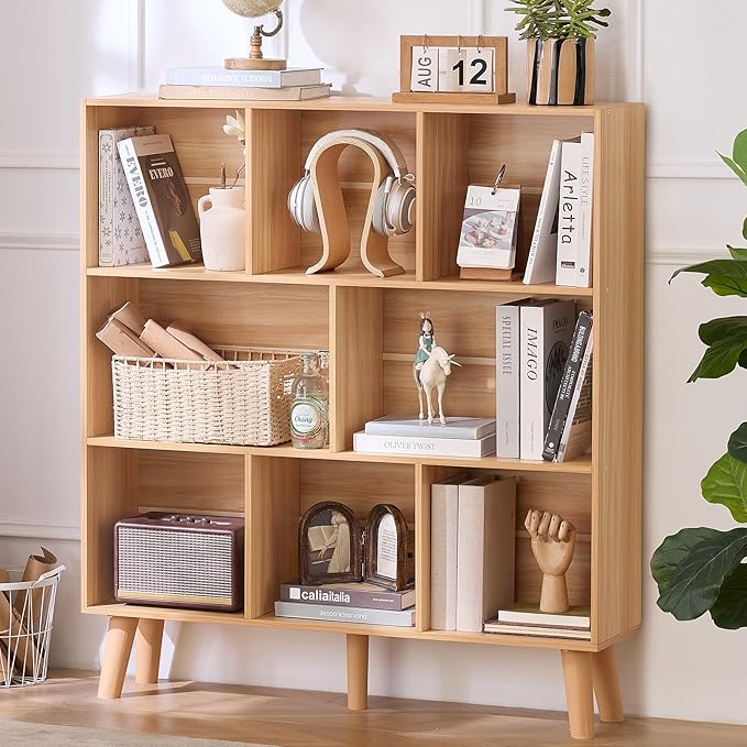 LEYAOYAO Wooden 8 Cube Book Shelf, Natural 3 Tier Bookshelf with Legs, Modern Open Storage Organizer,Boho Bookcase,Display Cabinet Shelf Free Standing Bookshelves for Bedroom,Living Room,Office-Ruum Studio Home