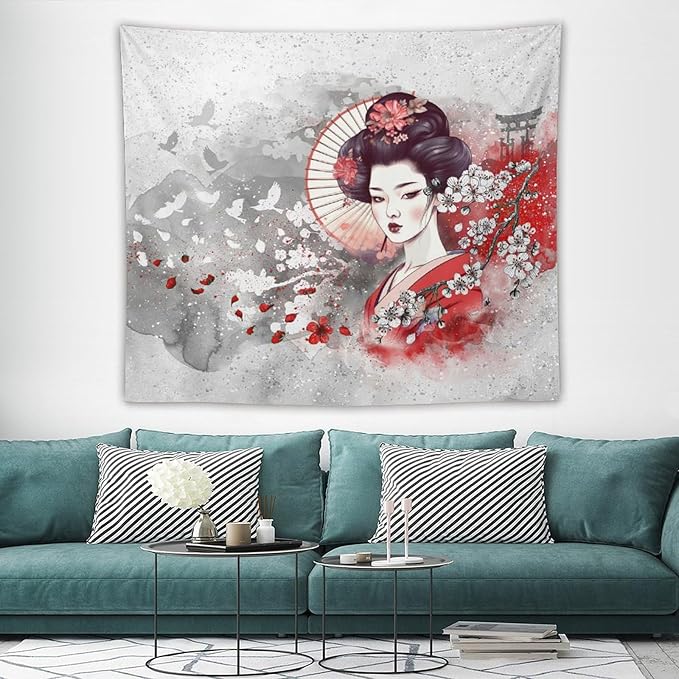 Japanese Geisha Tapestry Asian Red Cherry Blossom Traditional Kimono Folk Tapestries Home Decor for Living Room Bedroom Apartment Farmhouse Dorm 60"x50"-Ruum Studio Home