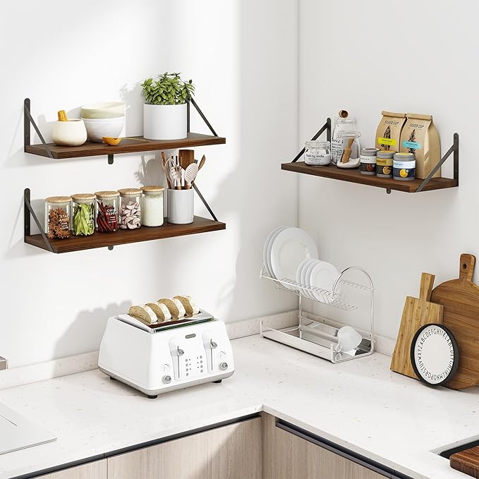 Heimlove Floating Shelves for Wall 24 Inches,8 Inches Deep Wall Bookshelf Mounted Display&Storage Wood Shelves for Kitchen Bathroom Laundry Living Room,Set of 3 (Walnut Color)-Ruum Studio Home
