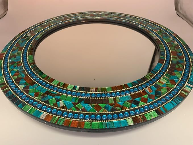 Mosaic Mirror, Wall Art Décor – Handcrafted Decorative Wall Mirror, Autumn Green, Deep Blue, and Brown Round Mosaic-Ruum Studio Home
