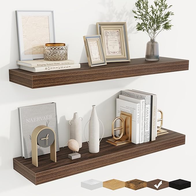 fuqing Floating Shelves for Wall, Bathroom Shelf Wall Mounted for Storage, Shelves with Invisible Bracket for Bedroom, Kitchen, Living Room, Farmhouse Small Book Shelf, 32 Inch Set of 2, Walnut-Ruum Studio Home