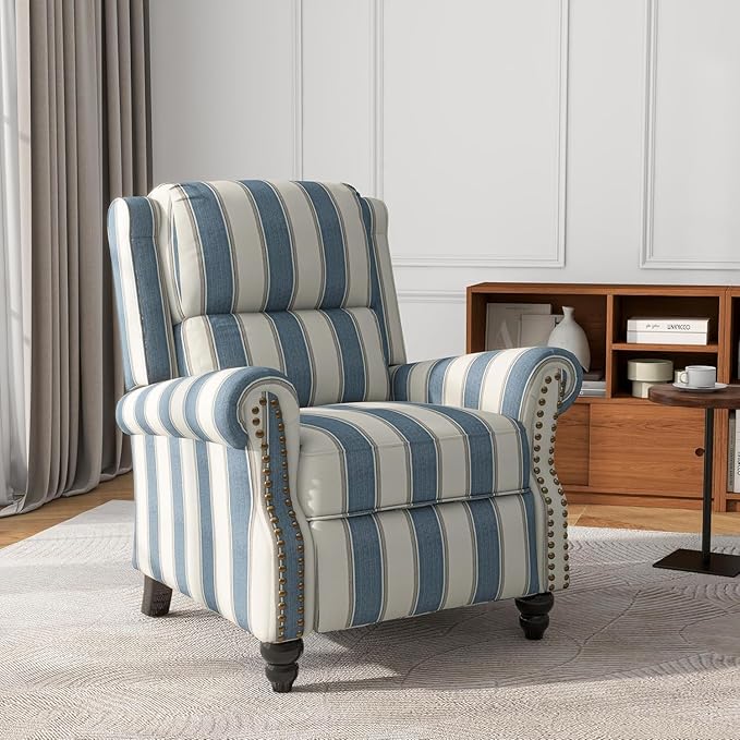 UIXE Pushback Recliner Chair Push Back Accent Chair, Fabric Overstuffed Armchair for Living Room, Rivet Trim Club Chair Home Theater Single Sofa Bedroom Reading Seat - Stripe Navy-Ruum Studio Home