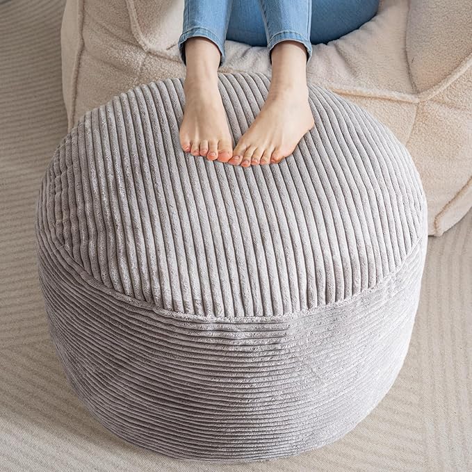 HIGOGOGO Round Stuffed Pouf Ottoman, Corduroy Poufs with Foam Chunk Filling, Furry and Fluffy Pouf Foot Stool Storage Ottoman, 26 X 18 Floor Poufs Foot Rest for Living Room, Grey-Ruum Studio Home