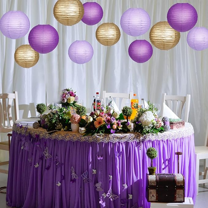 Paper Lanterns Decorative, Purple Lavender Gold Hanging Round Chinese Lanterns with Lights for Graduation Bachelorette Theme Birthday Party 12 LED Light Pack of 12-Ruum Studio Home