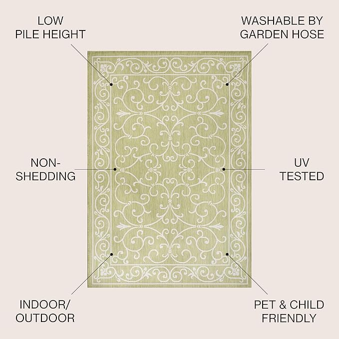 JONATHAN Y Vintage Filigree Indoor Outdoor Area Rug 5X8 Green/Cream, Charleston Textured Weave for Backyard, Patio, Porch, Easy-Cleaning, High Traffic, Pet-Friendly, Non-Shedding (SMB106H-5)-Ruum Studio Home