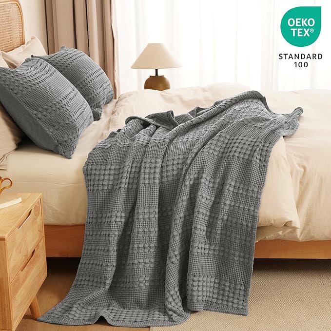 PHF 100% Cotton Waffle Weave Throw Blanket, Soft Lightweight Breathable Cozy Summer Throws for Couch Bed Sofa, Luxury Aesthetic Woven Blanket for Home Decor & Office, 50"x60", Dark Grey-Ruum Studio Home