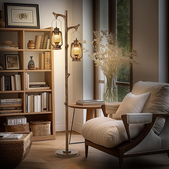 68" Rustic Farmhouse Tree Trunk Floor Lamp Country Brown Finish Wood Vintage Standing Tall Lamp with Lantern Stepless Dimmable Industrial Floor Lamp Decor for Bedroom Living Room Office Hotel-Ruum Studio Home