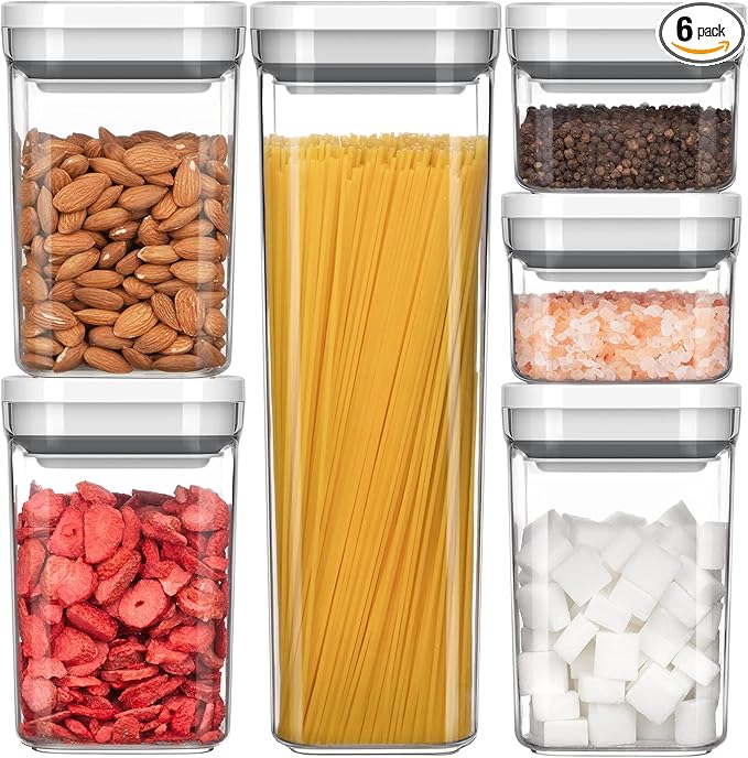 MR.SIGA 6 Piece Airtight Food Storage Container Set, BPA Free Kitchen Pantry Organization Canisters, One-handed Kitchen Storage Containers for Cereal, Spaghetti, Pasta, White-Ruum Studio Home