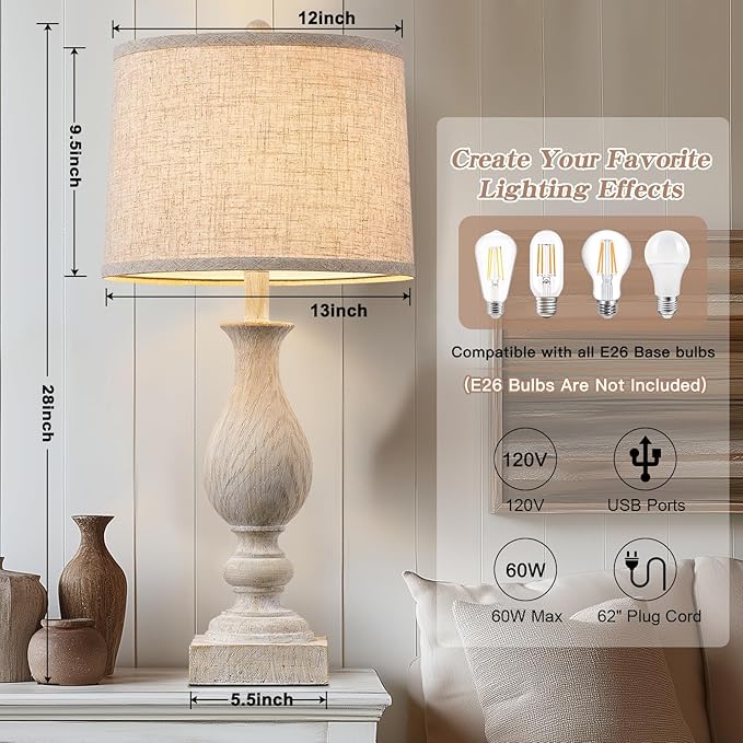 28'' Tall Farmhouse Table Lamps for Living Room, Bedroom Lamps Set of 2 with USB C+A Charging Ports, Rustic Farmhouse Nightstand Lamps for Bedside, Traditional Side Table Lamp with Fabric Shade-Ruum Studio Home