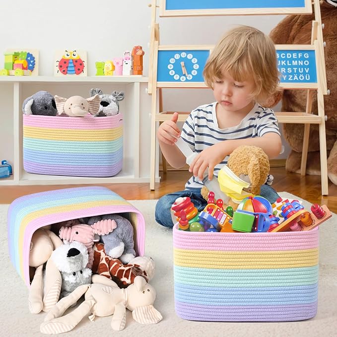Shelf Baskets for Organizing, Woven Storage Basket for Shelves，Cotton Rope Storage Bins for Toys Books, Nursery Towel Baskets for Classroom, 14.96"X9.8"X8.85", 3-Pack Pastel Rainbow-Ruum Studio Home
