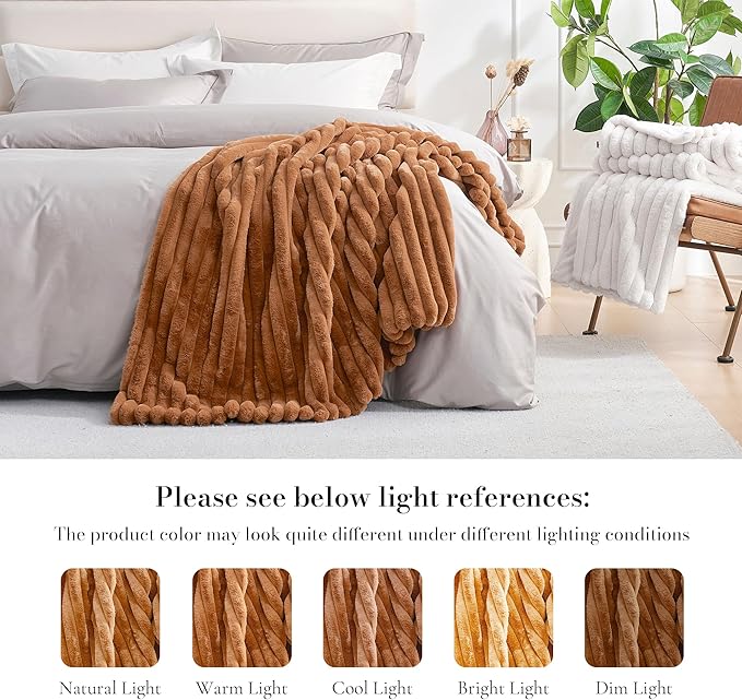 Amélie Home Faux Fur Throw Blanket for Couch, Cozy Fuzzy Fluffy Fur Luxurious Soft Striped Plush Gift Blankets for Family Sofa Chair Bed Living Room Bedroom, 55"x70", Brown-Ruum Studio Home