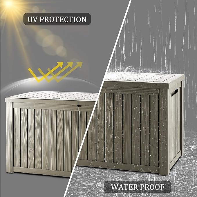 150 Gallon Lockable Resin Deck Box, Waterproof & UV-Resistant Outdoor Storage Box for Outdoor Cushion Storage, Garden Tools & Pool Accessories Storage, Gray-Ruum Studio Home