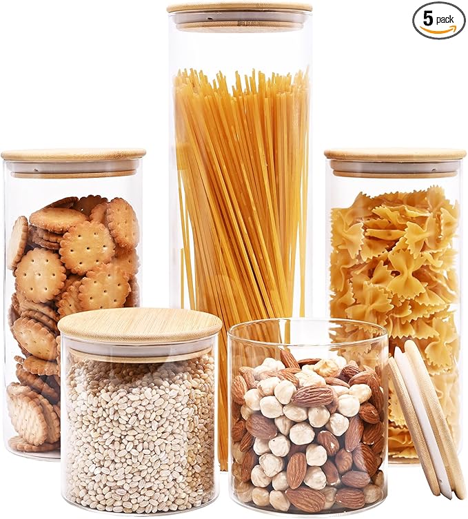 Glass Food Storage Jars, Glass Jars with Bamboo Lids, Kitchen Storage Jars, Canisters with Airtight Lids for Spice, Coffee, Cookie, Set of 5, Pantry Organizers-Ruum Studio Home
