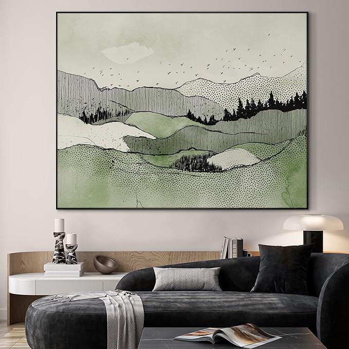 SIGNWIN 46"x60" Extra Large Framed Wall Art Green Line Art Mountain Landscape Illustration for Home Living Room Bedroom Decor (Frame Assembly Required)-Ruum Studio Home