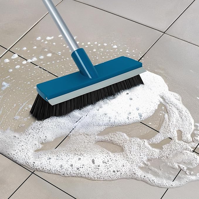 Stiff Bristle Deck Brushes for Scrubbing Heavy Duty with Rubber Scrape Squeegee, 55” Long Handle Scrub Brush for Bathroom Shower Carpet Outdoor Floor Cleaning (Head Size: 10.8”)-Ruum Studio Home