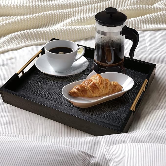 LotFancy Wood Serving Tray, 17x13”, Large Ottoman Tray with Metal Handles, Decorative Wooden Tray for Living Room, Ottoman, Coffee Table, 2 Skidproof Coasters Included, Black-Ruum Studio Home