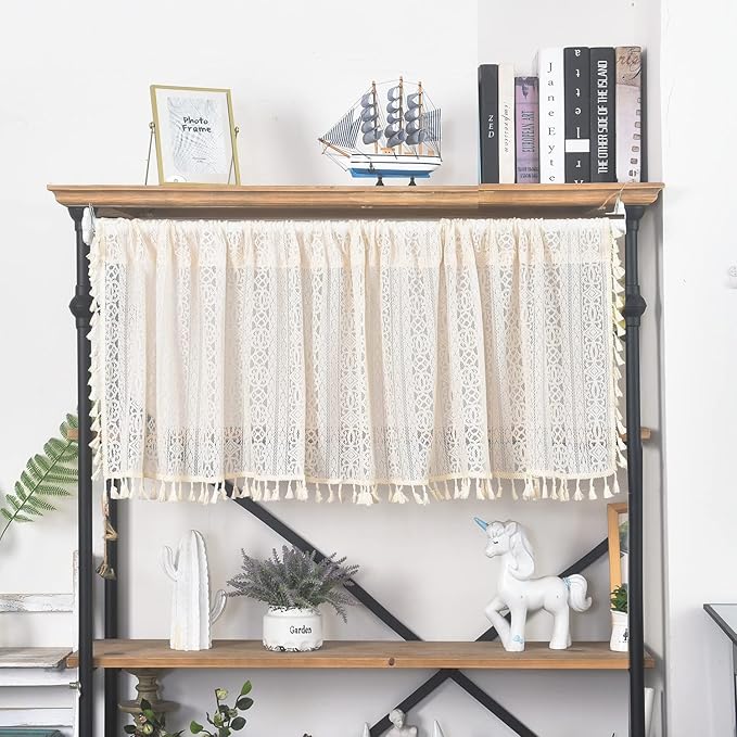 Sutuo Home Boho Sheer Curtain Valance Crochet Lace with Bohemian Hollow Knitted Handmade Tassels, Short Rustic Window Treatment for Kitchen Cafe, Rod Pocket, 1 Panel 59" W x 18" L, Beige-Ruum Studio Home