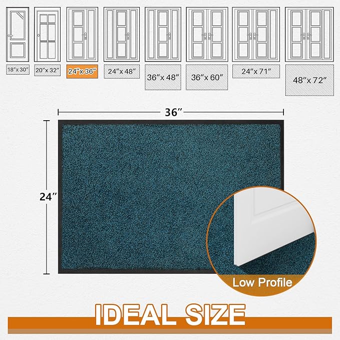 Mibao Front Door Mat, Dirt Trapper Welcome Mat for Outdoor Indoor, Non-Slip Waterproof Doormat, Durable Machine Washable Low Profile Entry Rug for Back Door Outside Patio Porch, 36" x 24", Blue-Ruum Studio Home