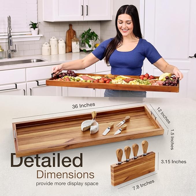 Acacia 36 Inch Extra Large Charcuterie Board with Cheese Knife Set of 4 - Acacia Wood Serving Tray with Handles, Long Charcuterie Board, Large Charcuterie Boards for Party, Wooden Cheese Board-Ruum Studio Home