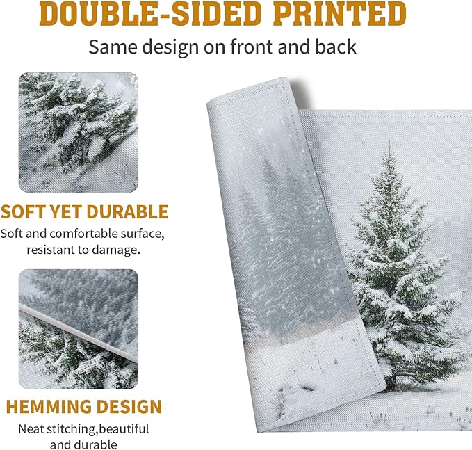 Winter Placemats Set of 4, 12x18 Inch Christmas Pine Tree Snowflake Linen Table Mats Seasonal Washable Farmhouse Place Mats for Kitchen Dining Xmas Holiday Party Decor-Ruum Studio Home