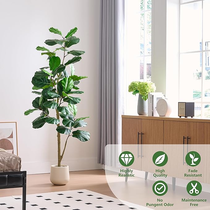 Artificial Fiddle Leaf Fig Tree, 7FT Tall Faux Ficus Lyrata Fake Tree in White Pot, Artificial Tree Indoor Decor, Fiddle Leaf Fig Tree Fake Plant for Home Office Living Room Decoration Modern-Ruum Studio Home