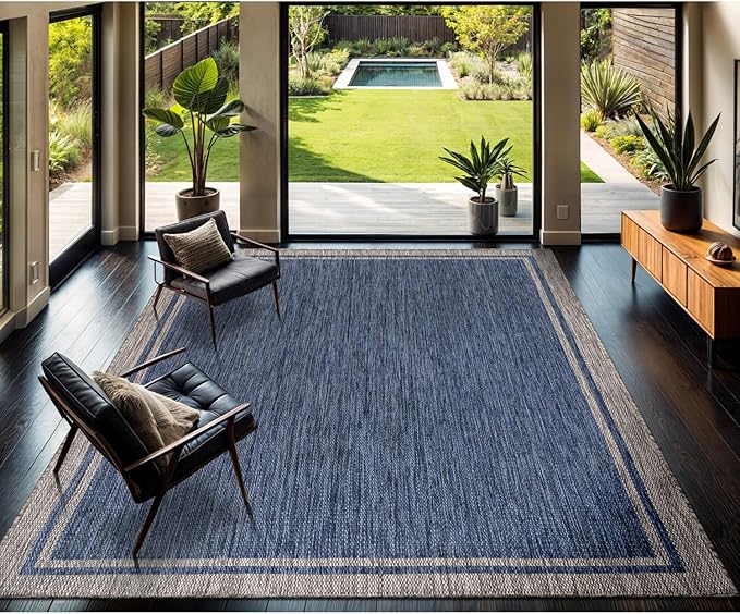 CAMILSON Outdoor Rug, 8x10 Bordered Navy Blue Gray Modern Area Rugs for Indoor and Outdoor Patios, Porches Waterproof Washable Porch Deck Outside Carpet (Bordered Navy, 8 x 10)-Ruum Studio Home