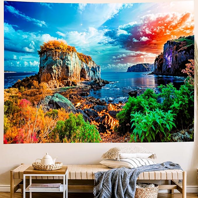 Delur Coastal Ocean Beach Tapestry Tropical Forest Tree Sunrise Sea Landscape Tapestry Wall Hanging Wave Sunset Nature Colorful Spiritual Headboard for Bedroom Living Room Home Decor (51.2" x 59.1")-Ruum Studio Home