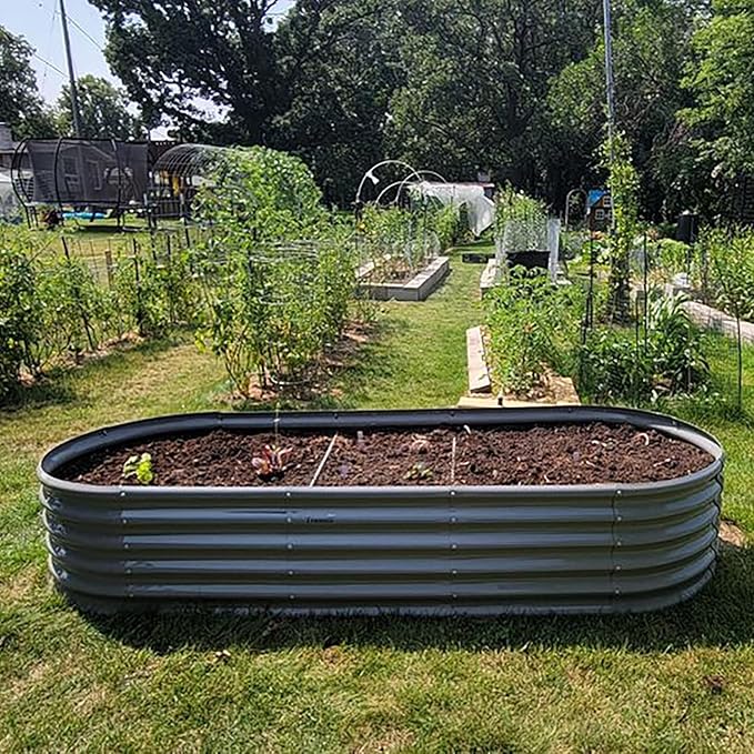1 Pack 8x3x1.5FT Galvanized Raised Garden Bed Kit Oval Metal Ground Planter Box Outdoor Bottomless Planter Raised Beds for Vegetables Flowers Herbs Fruits, Gray-Ruum Studio Home