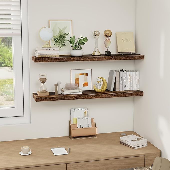 Floating Shelves Wall Shelf 40 Inch, 8 Inch Deep Floating Shelf for Wall, Farmhouse Black Wood Shelves Invisible Bracket for Living Room, Bedroom, Kitchen, 40 x 8 x 1.4 Inch, Set of 2, Rustic Brown-Ruum Studio Home