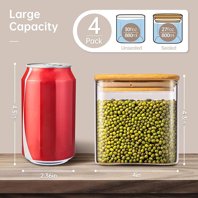 27oz - 4 Pack Square Glass Jars with Bamboo Lids, Glass Food Storage Containers with Airtight Lids for Kitchen, Air Tight Pantry Storage Containers for Cereal, Pasta, Rice, Sugar, Coffee, Spice-Ruum Studio Home