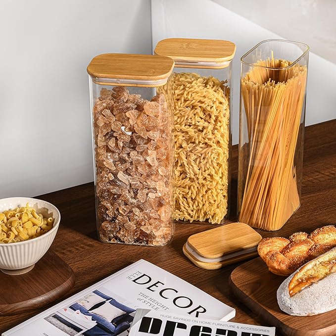 71oz Rectangle Airtight Glass Storage Containers with Bamboo Lids (Set of 3), Square Food Storage Jar, Pantry Organizers for Sugar, Flour, Spaghetti and Coffee beans (‎with Black Lable)-Ruum Studio Home
