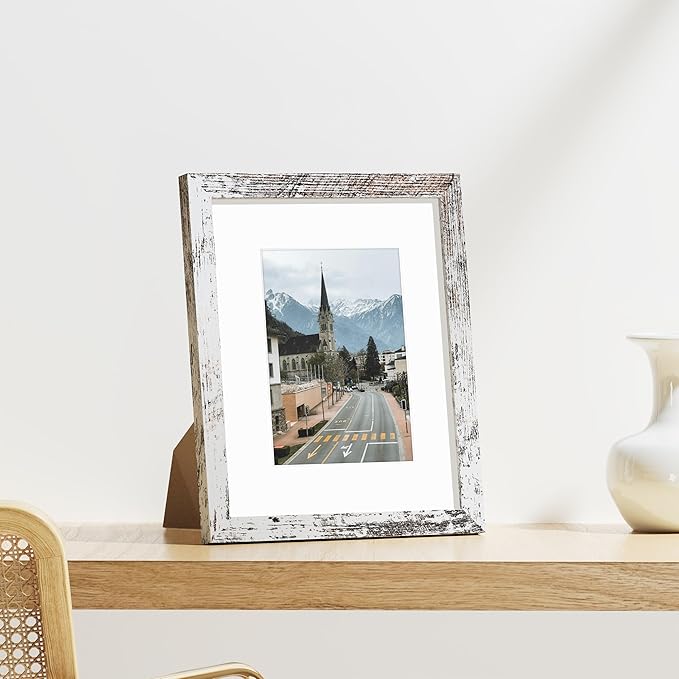 Vittanly 8x10 Picture Frames Set of 9, Shatter Resistant Plexiglass, Display 5x7 Pictures with Mat or 8x10 without Mat, Photo Frames for Wall or Tabletop, Engineered Wood, Distressed White-Ruum Studio Home