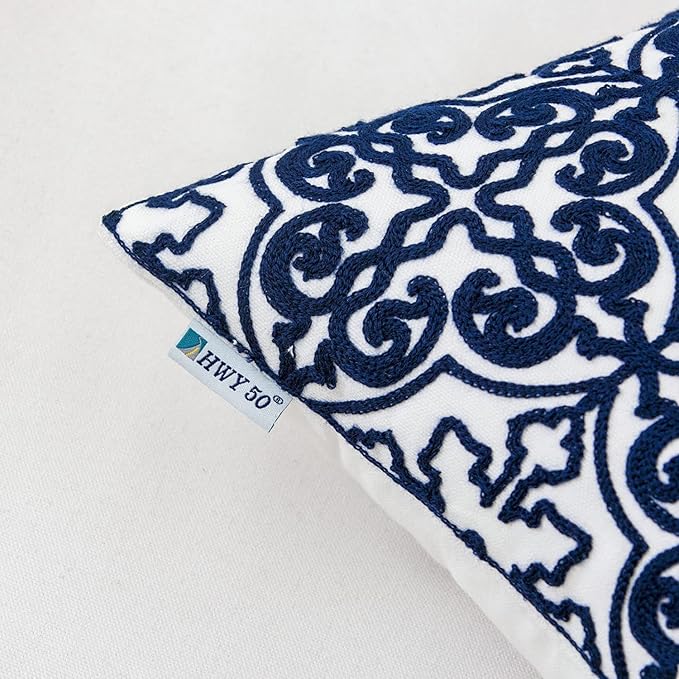 HWY 50 Navy Blue Decorative Throw Pillow Covers 18x18 Inch, Pack of 2 Embroidered Cotton Farmhouse Cushion Cover Pillow Case for Sofa Couch Living Room Bed Bedroon, Modern Pattern-Ruum Studio Home