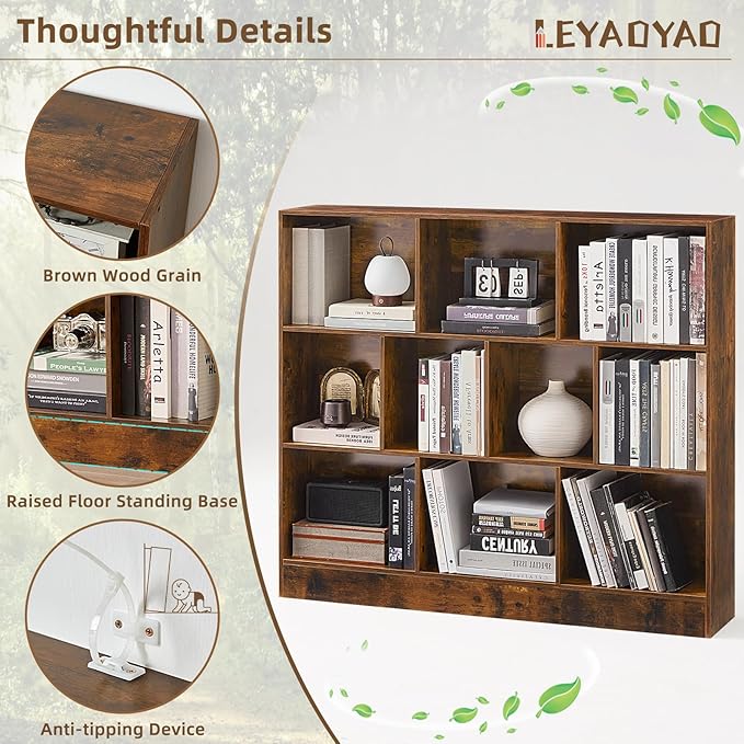 LEYAOYAO 10 Cube Bookshelf with Base,3 Tier Mid-Century Modern Grey Bookcase,Standing Wide Bookshelves Storage Organizer Shelf,Rustic Wood Display Cabinet Book Shelves for Bedroom,Living Room,Office-Ruum Studio Home