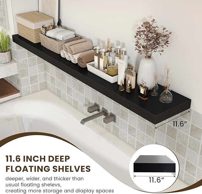 Black Floating Shelves for Wall - 72 Inch Wide x 12 Inch Deep Wall Shelves Set of 1 - Rustic Black Wood Shelves for Living Room, Bathroom, Laundry Room, Bedroom, Kitchen, Home Office-Ruum Studio Home