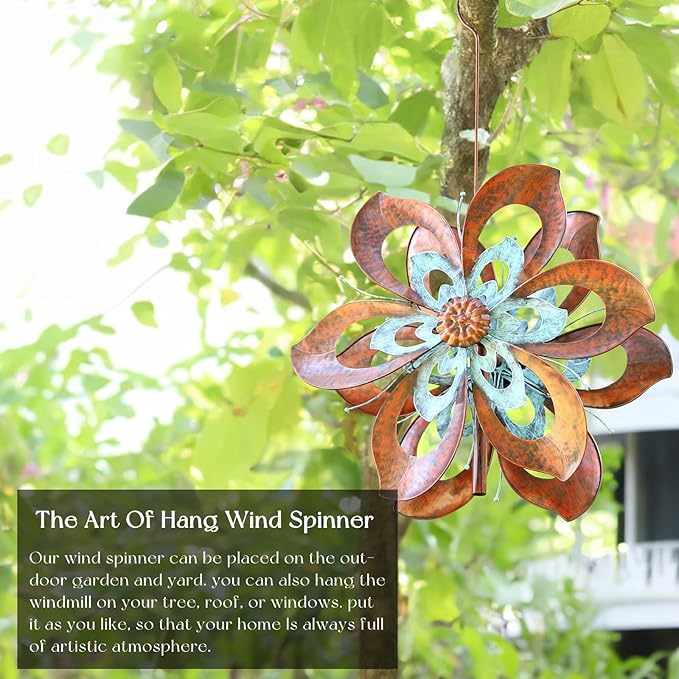 Garden Wind Spinner,Flower Wind Spinner,Outdoor Metal Wind Sculpture & Spinner Large 23 inch Dia 84 inch Height Kinetic Windmill for Garden Yard-Ruum Studio Home