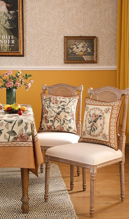 patdrea Designer Vintage Floral Throw Pillow Covers for Couch Set of 4,Brown Yellow Linen Pillowcases with Bird and Rose Pattern Decorative Cushion Cover for Bedroom Living Room Outdoor Car Cafe-Ruum Studio Home