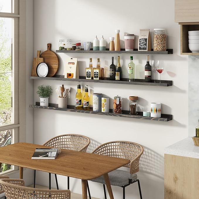 Picture Ledge Wall Shelves 16 inch Width Set of 2, Solid Pine Wood Rustic Floating Ledge Shelves for Wall for Kids' Room Bedroom Kitchen Bathroom Living Room Nursery Display Wall Decor, Grey-Ruum Studio Home