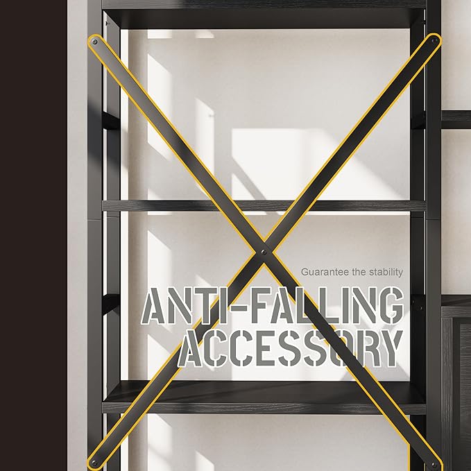 70 x70 Triple 5 Tier Book Shelf, Industrial Large Bookcase with Storage Cabinet, Tall Bookshelf with 14 Open Display Shelves Metal Frame Furniture for Living Room Bedroom Home Office Black-Ruum Studio Home