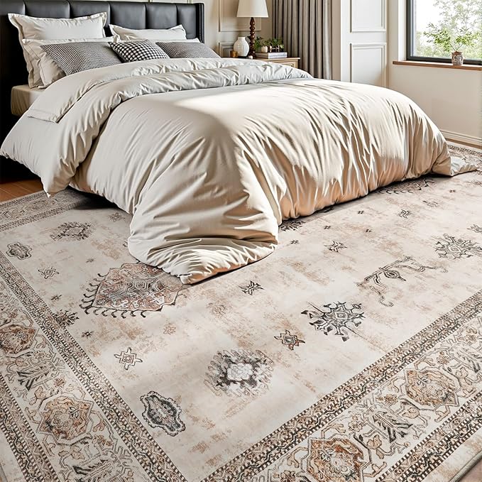AMOAMI-Vintage Area Rug 8X10 Brown Rugs for Living Room-Soft Living Room Rug Non Slip Rugs for Bedroom Carpet Machine Washable Rug for Dining Room Bedside Office Room Decor-Ruum Studio Home
