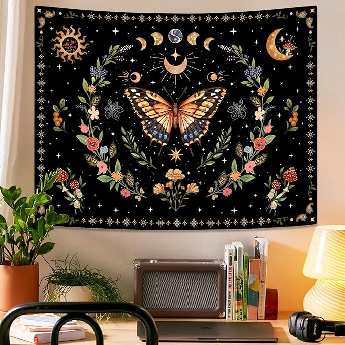 Lunerfex Boho Butterfly Tapestry Flower Moon Wall Tapestry, Moon Phases Tapestries for Bedroom Cute Tapestries Wall Hanging for Bedroom Living Room Decor Butterfly-1 44"x60"-Ruum Studio Home