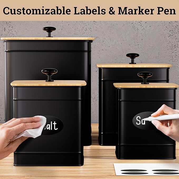Kitchen Canisters for Countertop Set of 4 with Customizable Chalkboard Labels & Marker Pen - Big Iron Kitchen Canisters with Airtight Lids - Black Canister Set - Flour and Sugar Containers Farmhouse-Ruum Studio Home